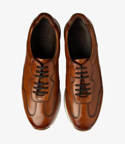 A bird's-eye view presenting a pair of Loake Linford Chestnut Leather Trainers, perfectly aligned to showcase their symmetrical design and meticulous craftsmanship. The rich chestnut leather and fine stitching details are evident from this perspective, epitomizing timeless style and refinement.
