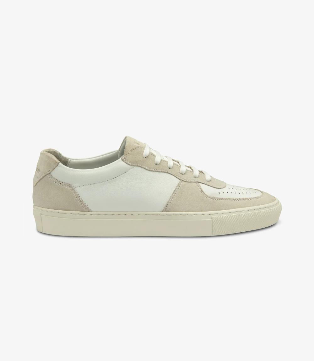 A stylish white sneaker with sand accents, crafted from premium calf leather and suede. The shoe features a rounded toe and side-stitch cup rubber soles, highlighting its refined design and durability.