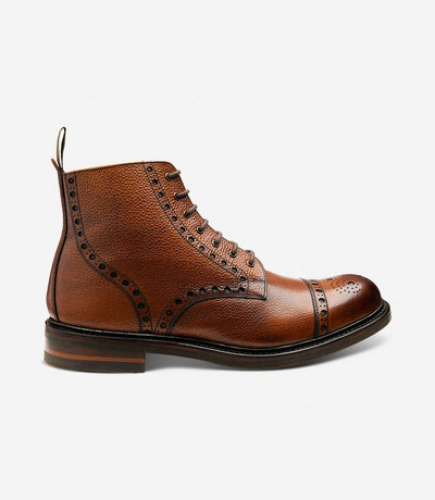 A side view of the Loake Loxley Mahogany Derby Toe Cap Boots, showcasing their sleek silhouette and premium hand-painted calf leather upper. The Goodyear welted victory rubber soles are prominently featured, symbolizing durability and quality craftsmanship.