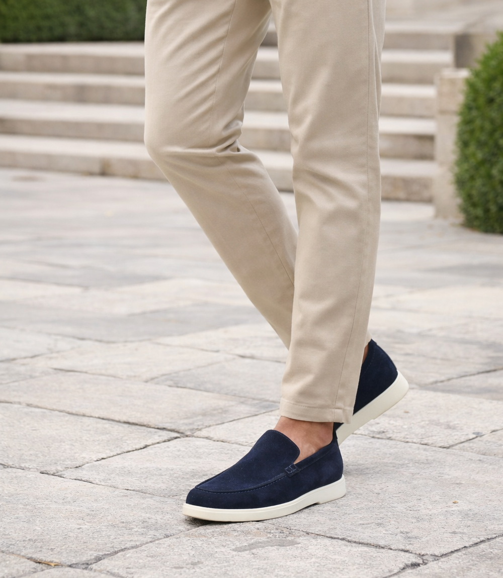 LOAKE TUSCANY NAVY SUEDE LOAFER SLIP ON RUBBER SOLE F-MEDIUM