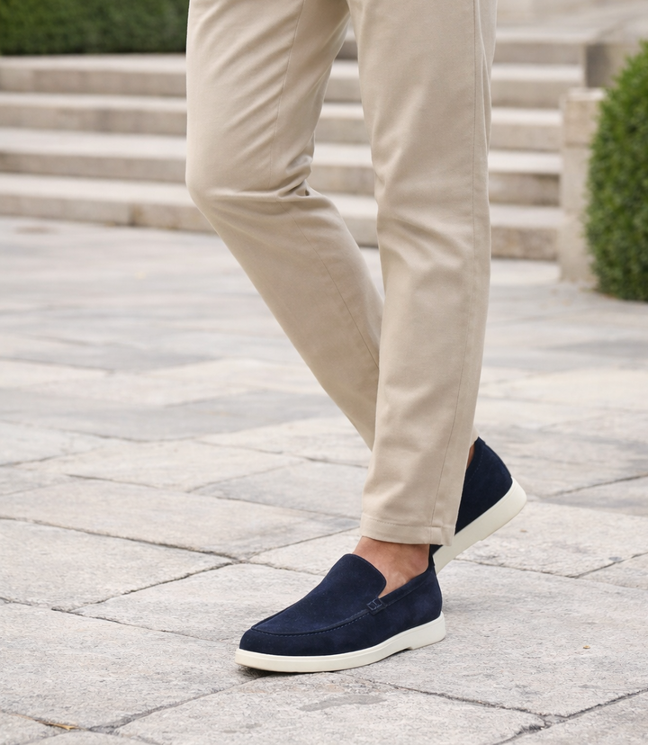 LOAKE TUSCANY NAVY SUEDE LOAFER SLIP ON RUBBER SOLE F-MEDIUM