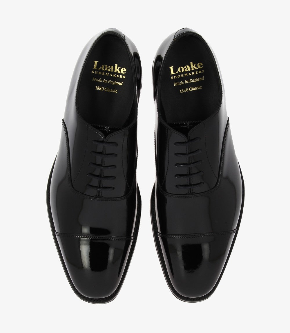 LOAKE ALDWYCH PATENT BLACK OXFORD TOE CAP LEATHER SOLE F-MEDIUM
