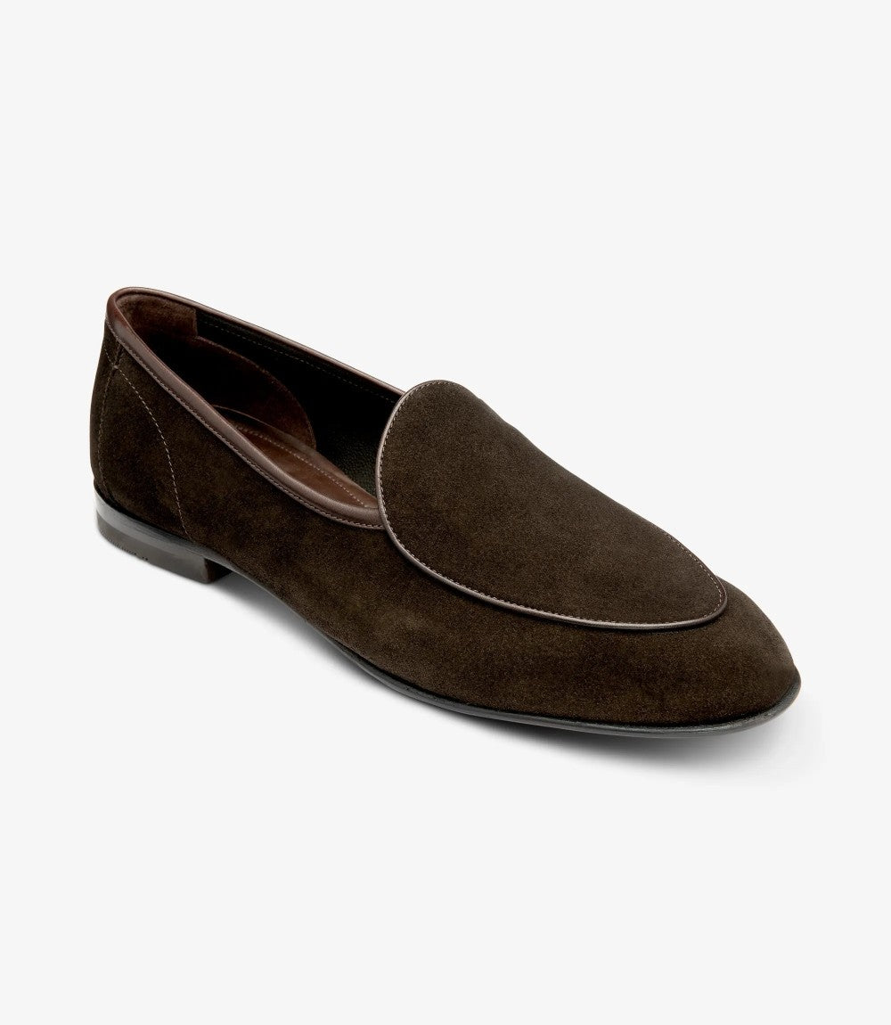 LOAKE BELGRAVE DARK BROWN SUEDE LOAFER SLIP ON RUBBER SOLE F-MEDIUM