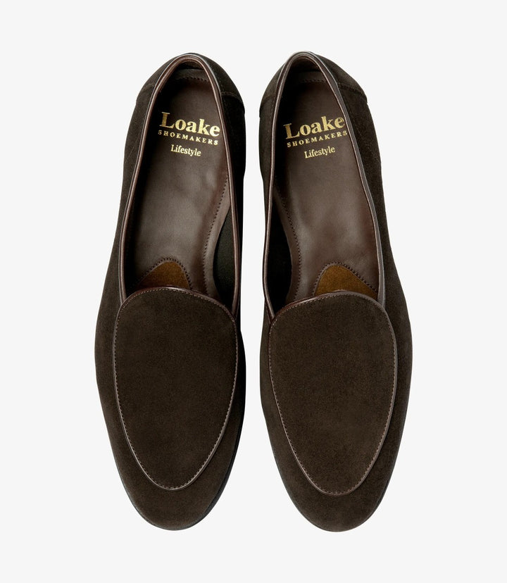 LOAKE BELGRAVE DARK BROWN SUEDE LOAFER SLIP ON RUBBER SOLE F-MEDIUM