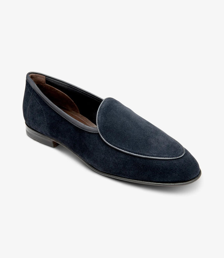 LOAKE BELGRAVE NAVY SUEDE LOAFER SLIP ON RUBBER SOLE F-MEDIUM