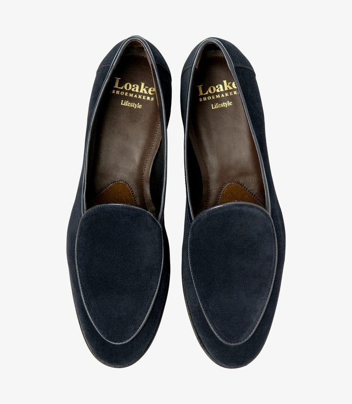 LOAKE BELGRAVE NAVY SUEDE LOAFER SLIP ON RUBBER SOLE F-MEDIUM