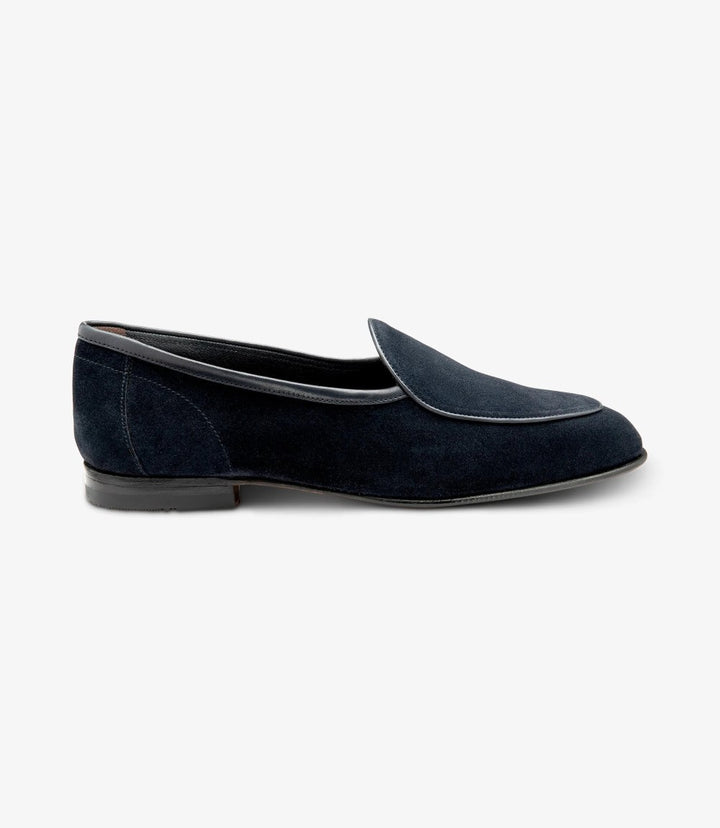 LOAKE BELGRAVE NAVY SUEDE LOAFER SLIP ON RUBBER SOLE F-MEDIUM