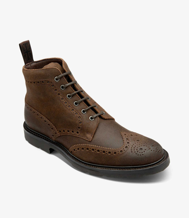 LOAKE BUDE BROWN WAXED SUEDE BROGUE BOOT RUBBER SOLE F-MEDIUM
