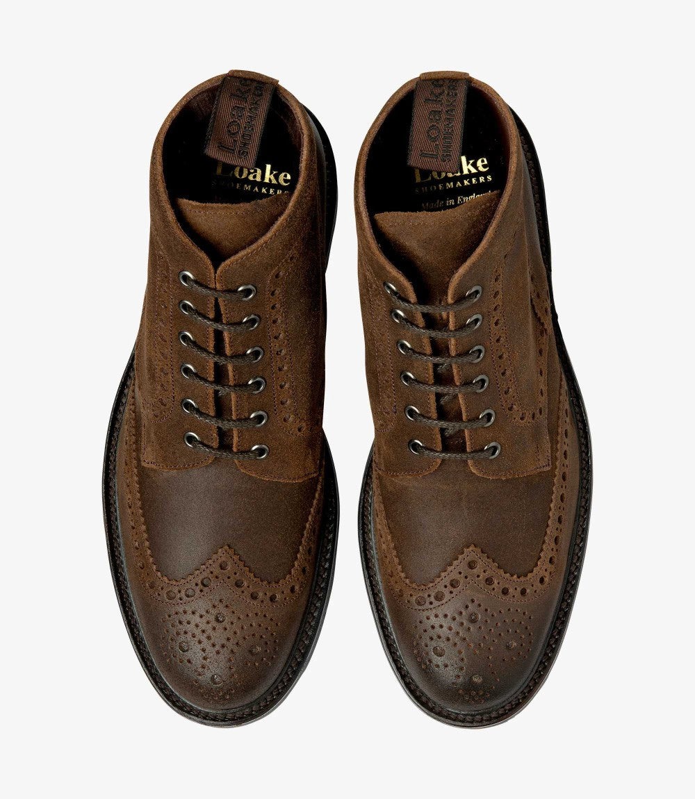 LOAKE BUDE BROWN WAXED SUEDE BROGUE BOOT RUBBER SOLE F-MEDIUM
