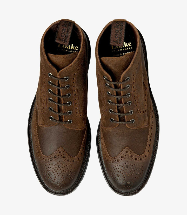 LOAKE BUDE BROWN WAXED SUEDE BROGUE BOOT RUBBER SOLE F-MEDIUM