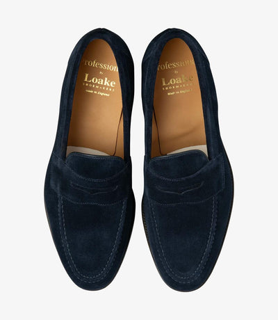 LOAKE IMPERIAL NAVY SUEDE LOAFER LEATHER SOLE F-MEDIUM