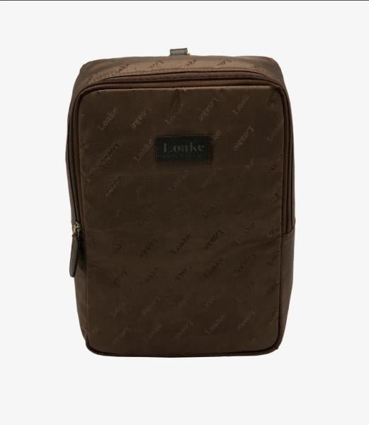 The Jacquared Brown Fabric Shoebag is shown from the front, highlighting its classic brown fabric with the subtle logo design. The full-length zip is neatly closed, showcasing the bag’s sleek and clean appearance. The Loake branding is prominently displayed, emphasizing its premium quality.