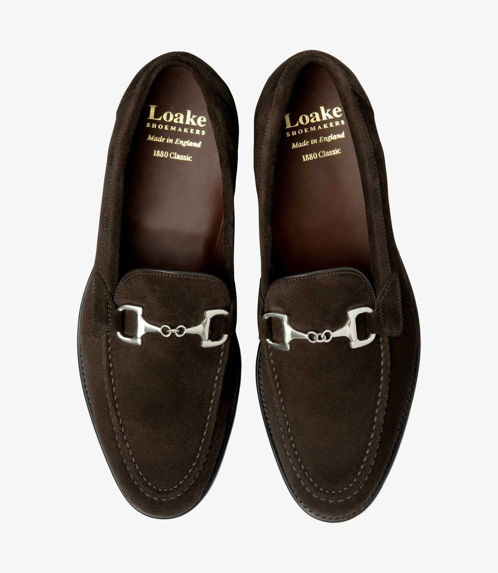 LOAKE KENSINGTON DARK BROWN SUEDE LOAFER SLIP ON RUBBER SOLE F-MEDIUM