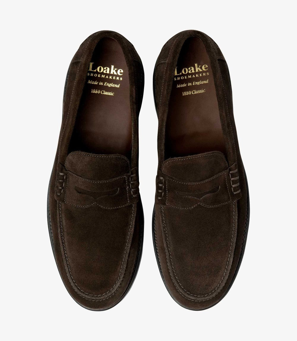 LOAKE KINGSCLIFFE DARK BROWN SUEDE LOAFER SLIP ON RUBBER SOLE F-MEDIUM