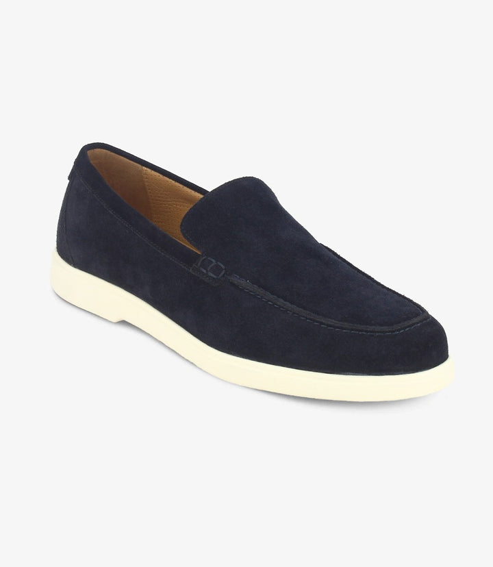 LOAKE TUSCANY NAVY SUEDE LOAFER SLIP ON RUBBER SOLE F-MEDIUM