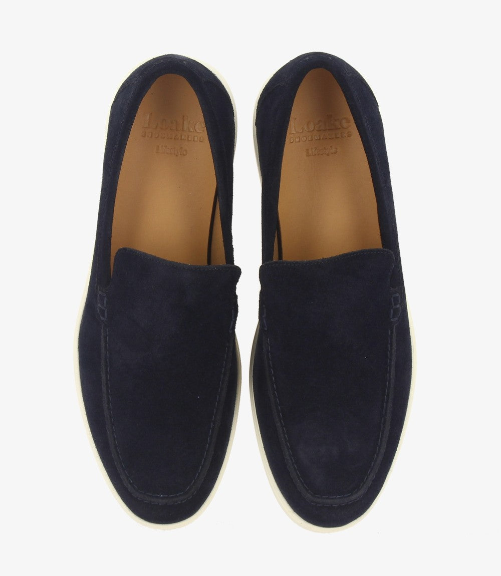 LOAKE TUSCANY NAVY SUEDE LOAFER SLIP ON RUBBER SOLE F-MEDIUM