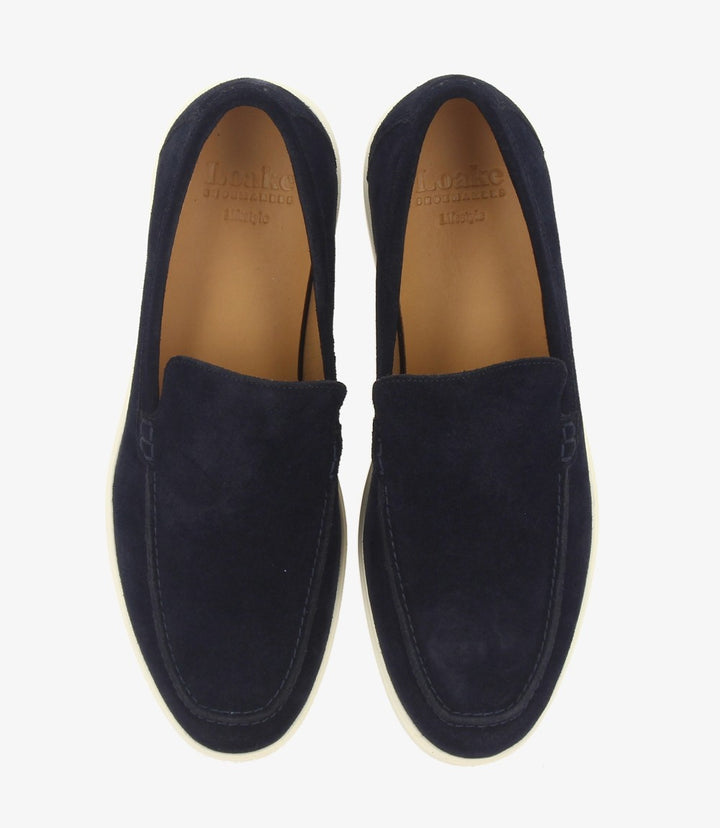 LOAKE TUSCANY NAVY SUEDE LOAFER SLIP ON RUBBER SOLE F-MEDIUM