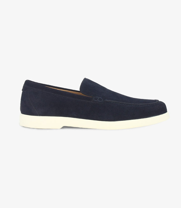 LOAKE TUSCANY NAVY SUEDE LOAFER SLIP ON RUBBER SOLE F-MEDIUM