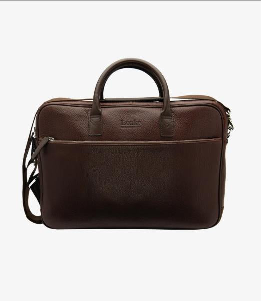 A refined image of the Westminster Dark Brown Grain Leather Briefcase, featuring its rich dark brown grain calf leather. The briefcase is elegantly displayed, highlighting its two external zippers and detachable shoulder strap against a contrasting dark background to emphasize its luxurious texture and design.