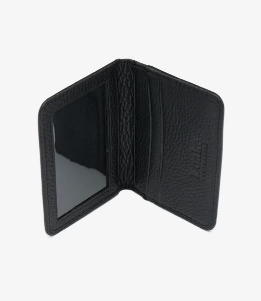 In the open view, the Loake Fenchurch Black Grain Wallet reveals its thoughtfully designed interior. It features five card slots, with four organized inside and one conveniently located on the outside for quick access. The interior showcases a smooth black leather lining that contrasts beautifully with the textured exterior, emphasizing the wallet’s quality. This layout allows for efficient organization of essential cards, ensuring easy retrieval when needed. 