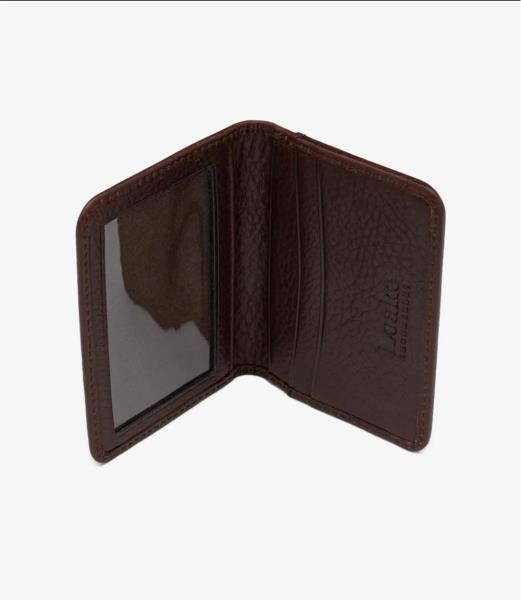 In the open view, the Loake Fenchurch Dark Brown Grain Wallet reveals its functional interior. The wallet features five card slots, with four neatly arranged inside and one conveniently placed on the outside for easy access. The smooth dark brown leather interior provides a striking contrast against the textured exterior, emphasizing the wallet’s quality. This layout allows for organized storage of essential cards, while the slim design ensures it remains easy to handle.